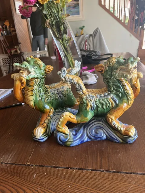 Pair Beautiful Chinese Porcelain Foo Dog Statue Set 9 Inch Colorful Pieces