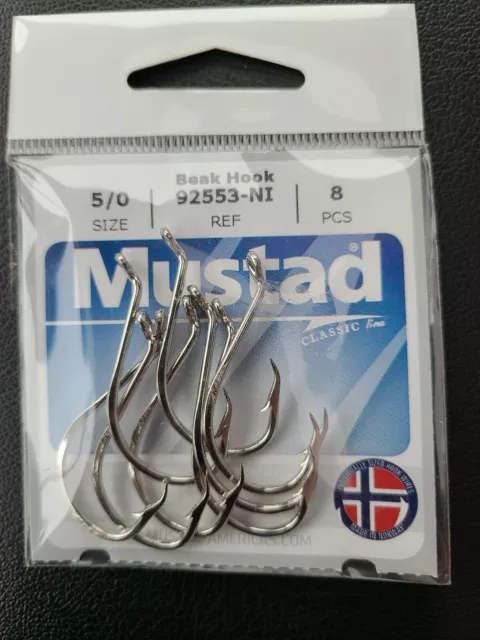 New 100 Mustad Classic 92553-NI Size 1/0 Nickel Plated Beak Hooks