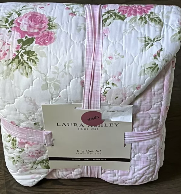 Laura Ashley Ashfield Pink & White Floral  Reversible Cotton King Quilt Set 3pc