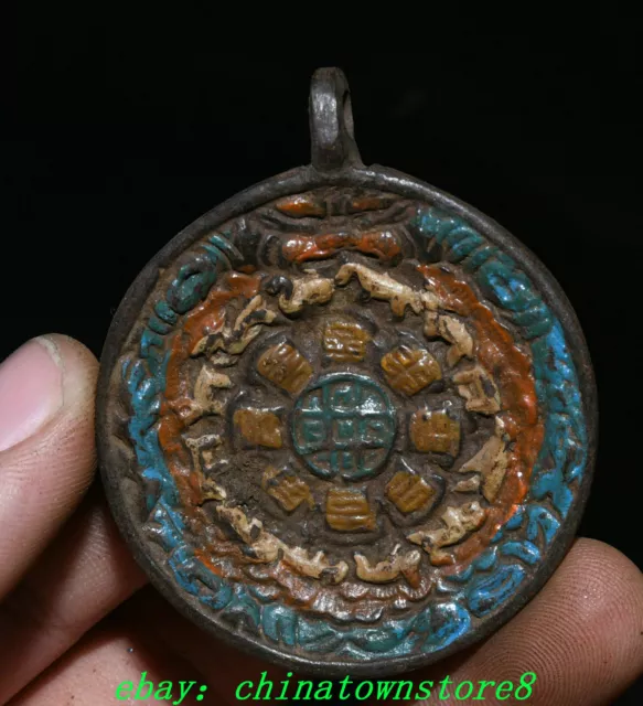 Old Tibet Bronze Painting Feng Shui 12 Zodiac Animal Lion Head Amulet Pendant