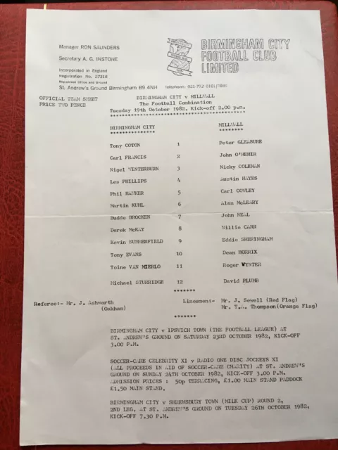 19/10/1982 Birmingham City Reserves v Millwall s/s Football Programme