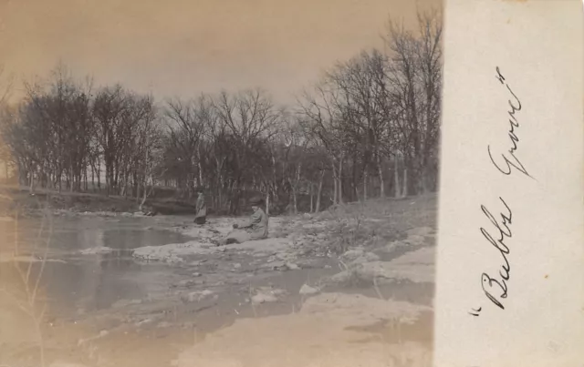 Pleasanton Kansas~Bubb's Grove~Ladies on Rocky Lake Shore in Winter~1907 RPPC