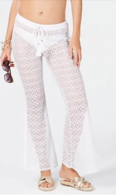 Miken Swim Solid Crochet Beach Cover-up Pants White, Size L