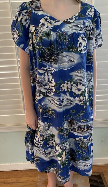 Vtg Jade Fashions MuuMuu Tiki Dress Blue Floral Hibiscus Aloha Made In Hawaii XL