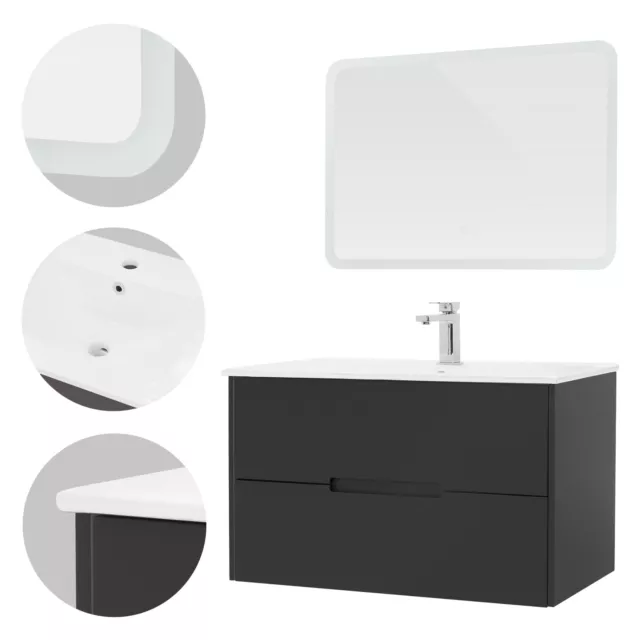 Ensemble meubles salle de bain 3 pièces miroir LED meuble bas et vasque moderne 3