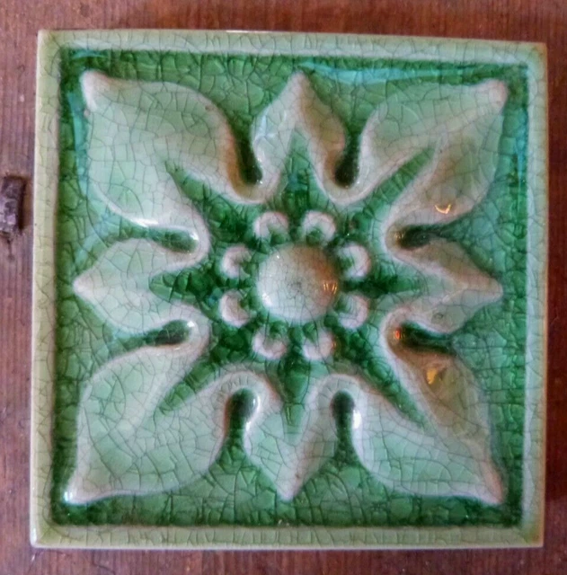 Antique Art Nouveau Tile Pilkington Green Flower 1900-1910 3" x 3" MINT!