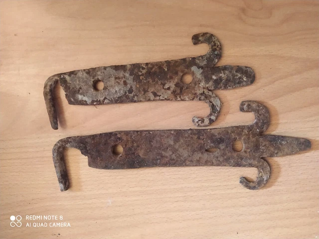 Pair Antique Wrought Iron Hinges Barn door Rustic shape Vintage European Style
