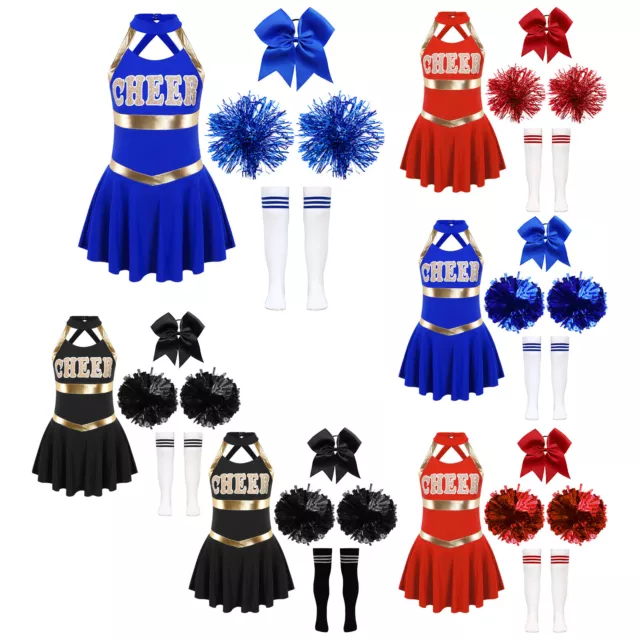 Kids Girls Cheer Leader Dress with Pom Poms Socks Headwear Halloween Costumes