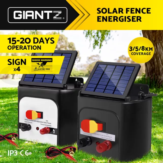 Giantz Solar Fence Energiser Electric 3/5/8km Coverage Energizer Unit Free Signs