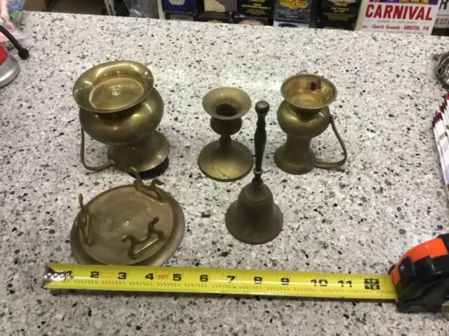 Vintage Brass LOT OF 5 Vases Dish Urns plate candle bell Decor Art. 4”+ India