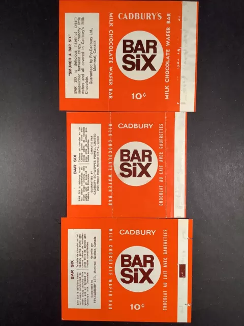 Cadbury’s Bar Six 1960’s Canadian Milk Chocolate Wafer Bar Wrappers ( 3 )