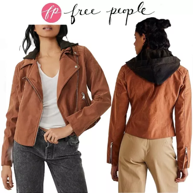 NWT $198 Free People XL Harriet Hooded Vegan Leather Moto Jacket Chocolate