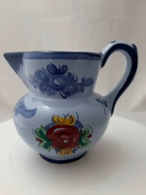 Vestal Alcobaca Hand Painted Pottery Blue Flowers Pitcher Portugal #548