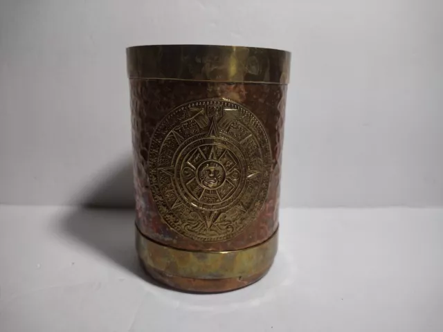 Vintage Brass Copper Mug With Mayan Calendar Aztec Mexican Cup W/ Handle