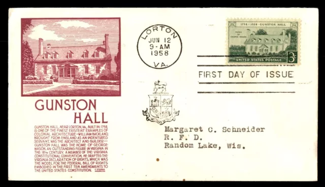 Mayfairstamps US FDC 1958 Gunston Hall George Mason Home First Day Cover aaj_516