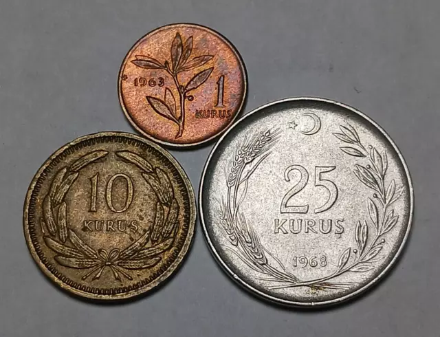Lot of 3x Coins of Turkey, 1949-1968 - 1 Kurus, 10 Kurus and 25 Kuruş - Türkiye