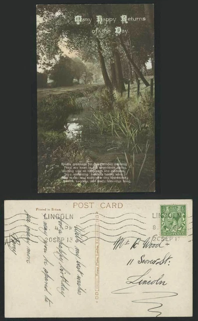 Viele glückliche Rückkehr des Tages 1913 alte RP Postkarte Flussstrom Szene, Grüße