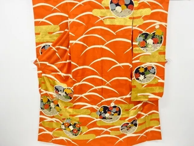 11366# Japanese Kimono / Antique Furisode / Embroidery / Kiku & Paulownia
