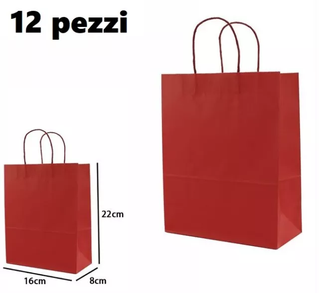 Set 12 Pezzi Buste Borsa Da Regalo Sacchetti Carta Rossa 22x16x8cm dfh