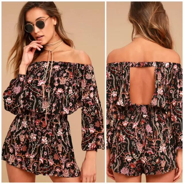 Free People Pretty And Free Black Floral Print Off-Shoulder Romper Size Small