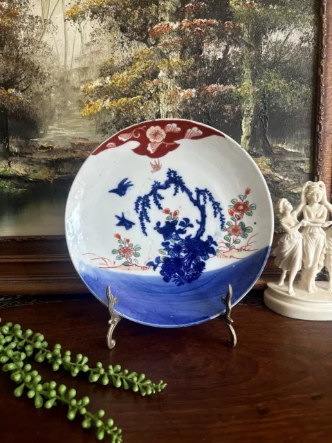 Antique Chinese Hand Painted Blue White Porcelain Sparrow & Bonsai Deco Plate