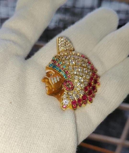 NATIVE AMERICAN INDIAN Chief Pendant Simulated Diamond Ruby 14k Gold On