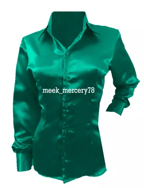 Haut Chemisier Satin Chemise Manches Longues Vert Menthe Button Down Shirt