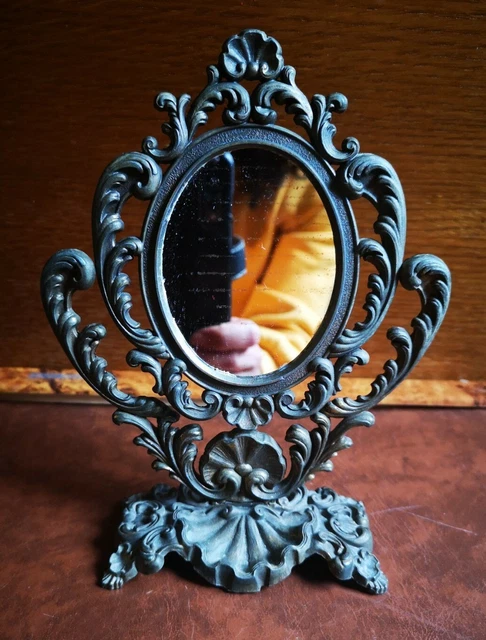 Petit Miroir Rotatif Ancien Sur Pied - Porcelaine Blanche à Motifs Floraux