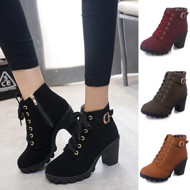 Womens Ankle Boots Lace Up Booties Ladies Round Toe Casual Chunky Heels Shoes