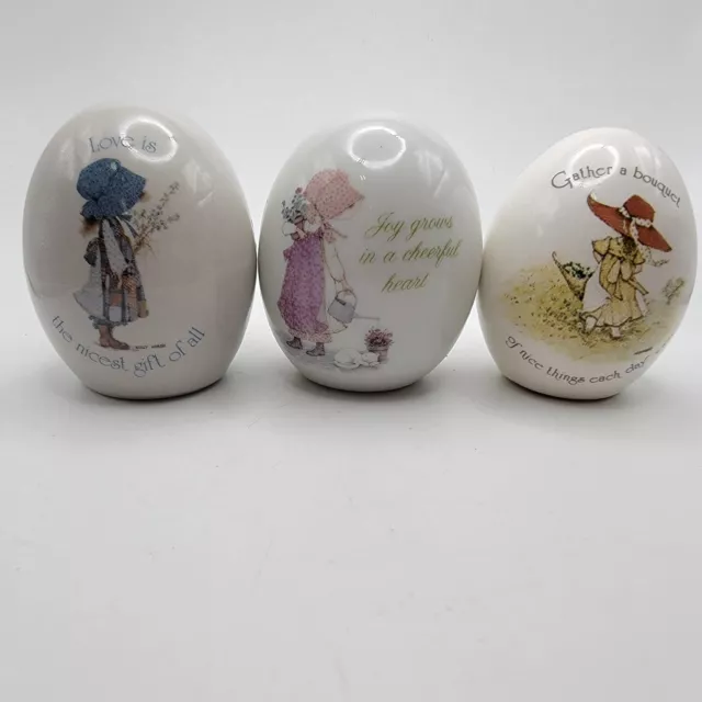 Set of 3 Vintage 1978 Holly Hobbie Porcelain Egg Japan Gather Bouquet Love Joy