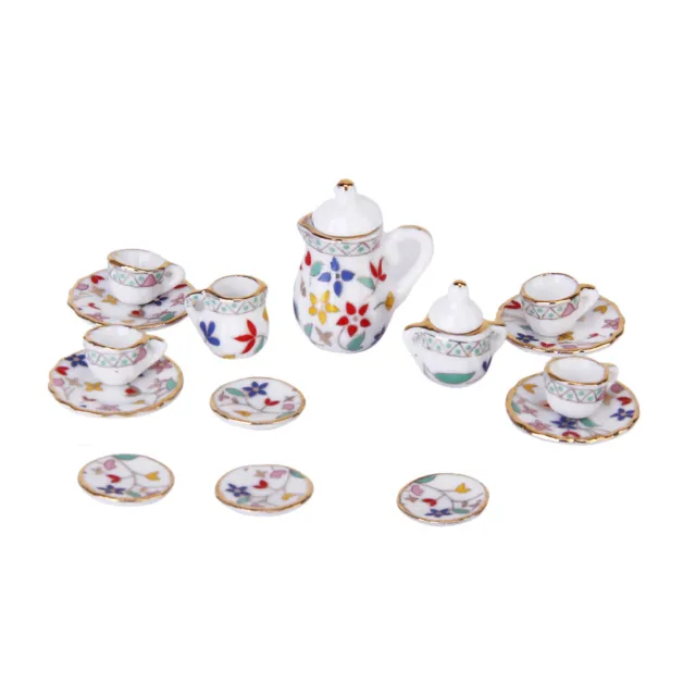 Set of 15 12th Dollhouse Decor Dining Ware Porcelain Tea Set Floral Print
