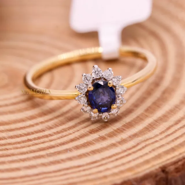 Élégant Saphir Naturel Bleu & Diamant Bague 14k or Jaune Minimaliste Cadeau