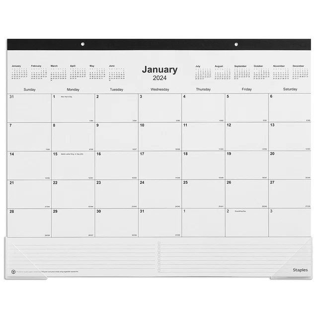 2024 STAPLES 22& x 17" Desk Pad Calendar Unlined Black/White (ST58448