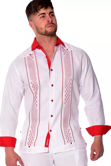 Bohio 100% Linen Fancy Guayabera Shirt for Men in White/Red Embroidered MLFG2032