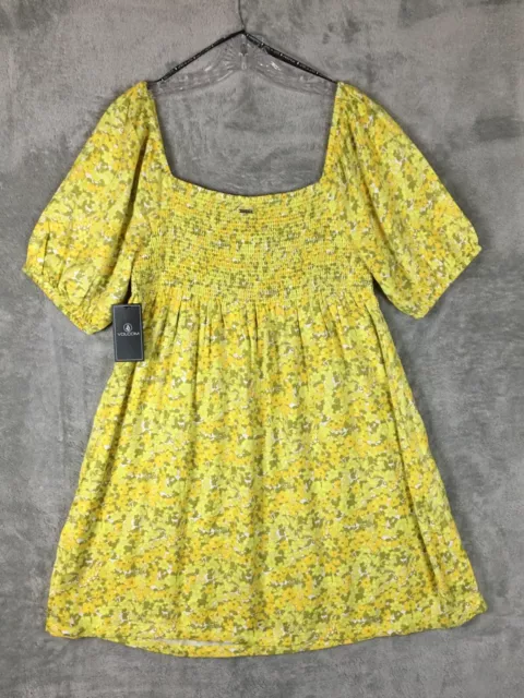 Volcom Women's Size M Wanna Have Fun Short Puff Sleeves Floral Mini Sun Dress 3