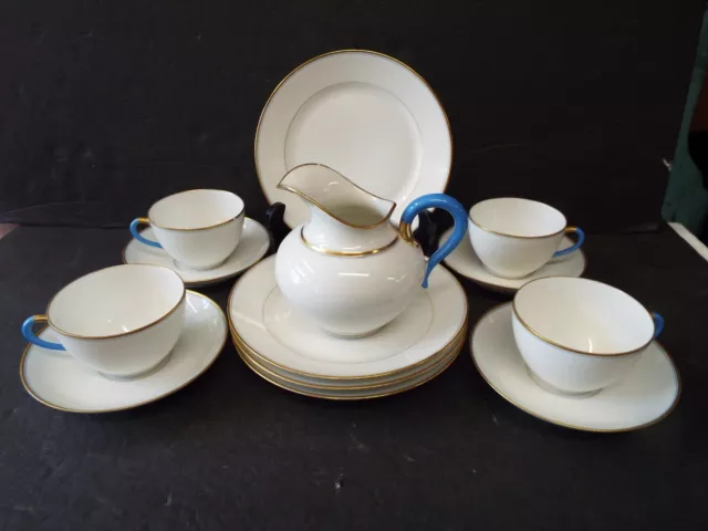 13 Pc Antique Haviland & Co Limoges Blue Handle Dessert Set Cups Saucers Plates