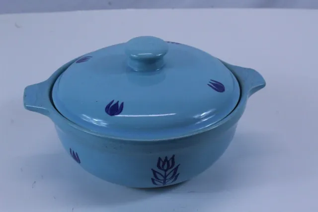 Bake Oven U.S.A. Stoneware Bowl with Matching Lid Turquoise w/Blue Grain Pattern