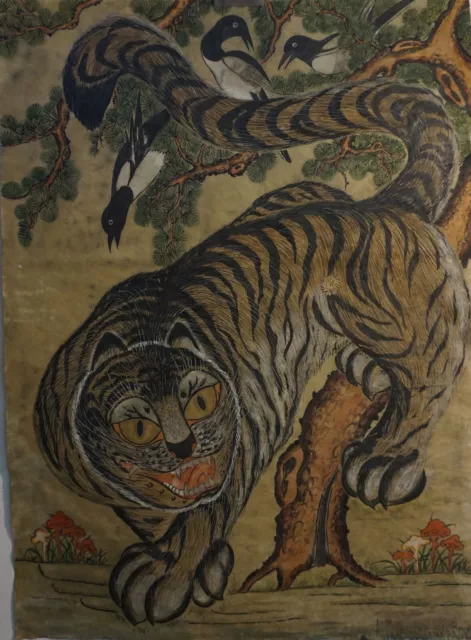 Very Fine Large Old Antique Korean MinHwa Folk Hand Painting Tiger & 3 Magpies