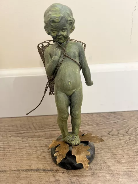 Vintage Petite Choses Cast Metal Cherub Wire Basket Candle Holder Stone Base