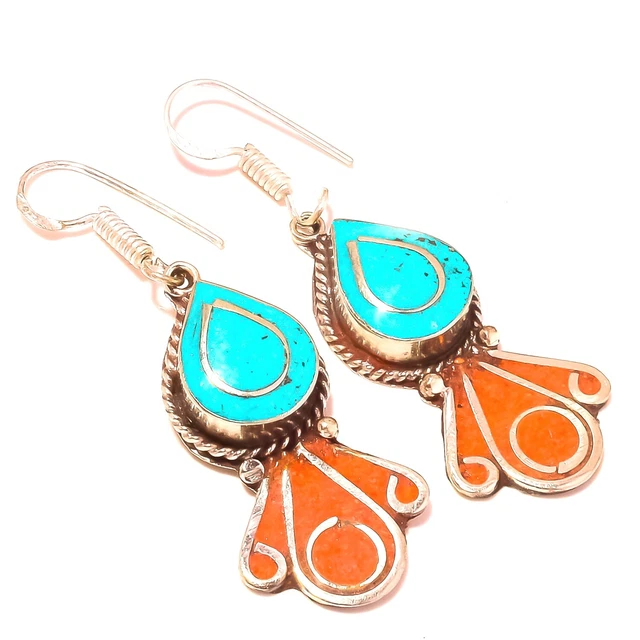 Collier Ethnique Népalais Main - Corail Rouge, Turquoise, Argenté 18 Pouces