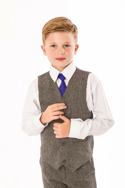 Boys 4 Piece Suit Grey Herringbone Tweed Wedding Page Boy Party Occasion Wear