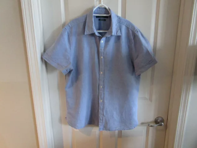 Perry Ellis Shirt Mens Large Blue Short Sleeve Fine Linen Cotton Blend Button Up