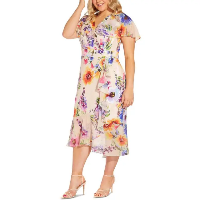 Adrianna Papell Womens Surplice Midi Floral Print Wrap Dress BHFO 3294