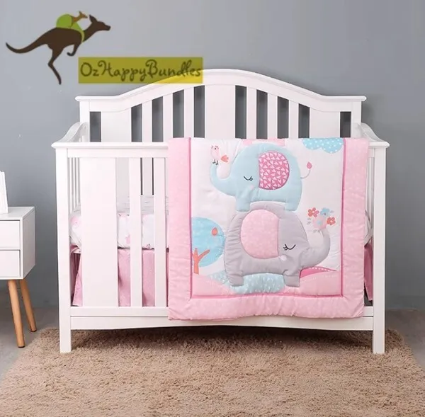 New Baby Girls 3 Pieces Pink Elephant Cotton Nursery Bedding Crib Cot Sets