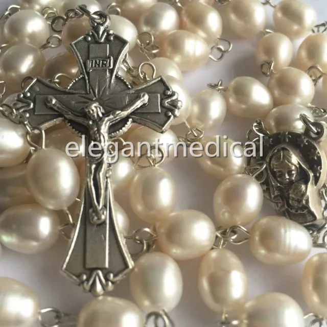 RARE 9MM Freshwater pearl BEADS CATHOLIC ROSARY CROSS GIFT Crucifix NECKLACE BOX