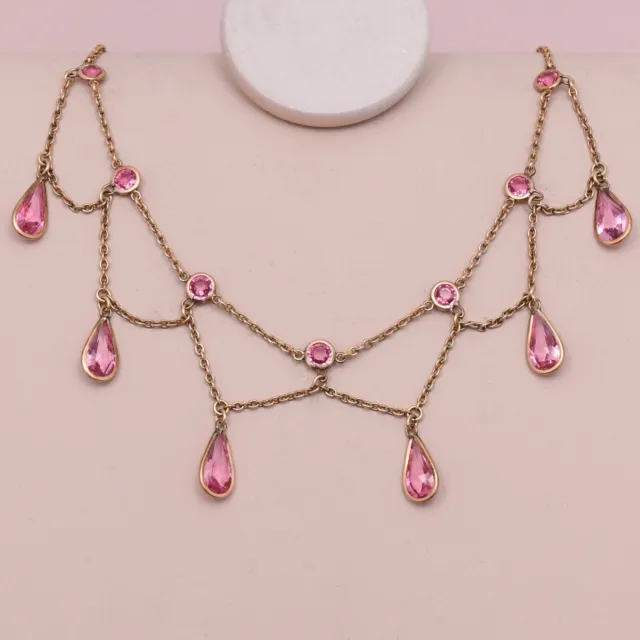 Antique Victorian Edwardian Gold Filled Pink Paste Bezel Set Festoon Necklace