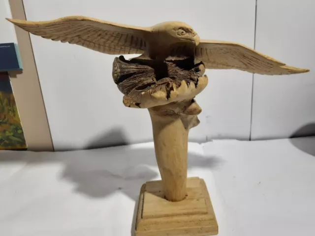 American Folk Art,Carved Wood Eagle On Burl Wood Nest