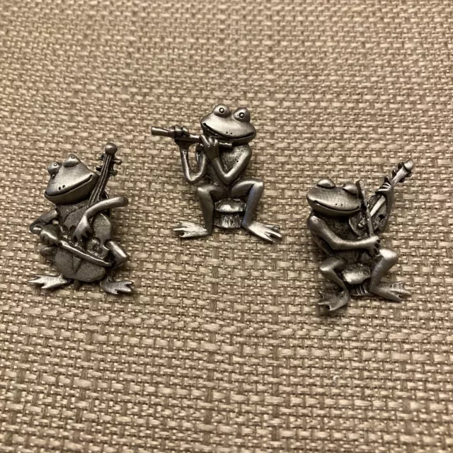 Vintage JJ Jonette Frog Band Pin Set Of 3 Pewter/Silver Tone Flute Violin Chello
