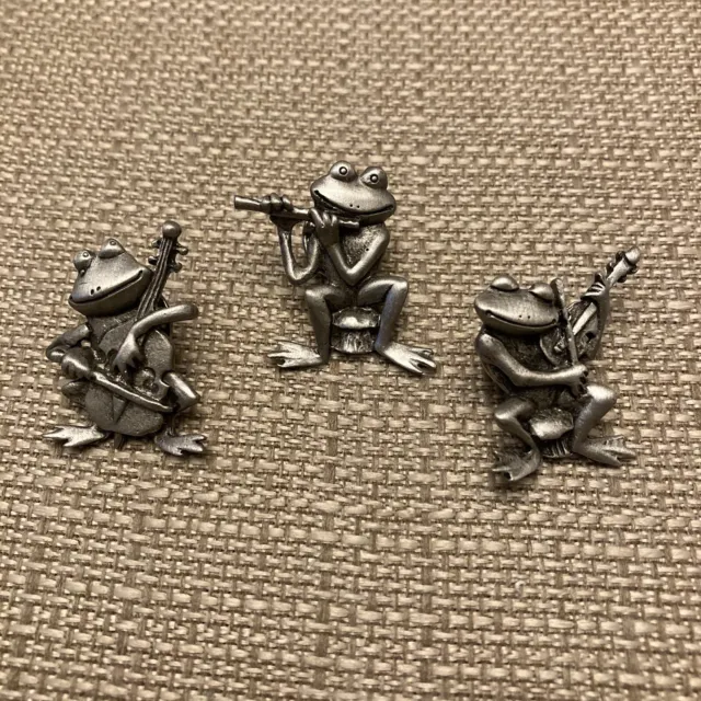 Vintage JJ Signed Frog Band Pin Set Of 3 Pewter/Silver Tone Flute Violin Chello