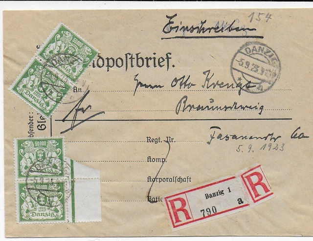 Danzig 1923 - Mehrfachfrankatur auf Einschreiben nach Braunschweig